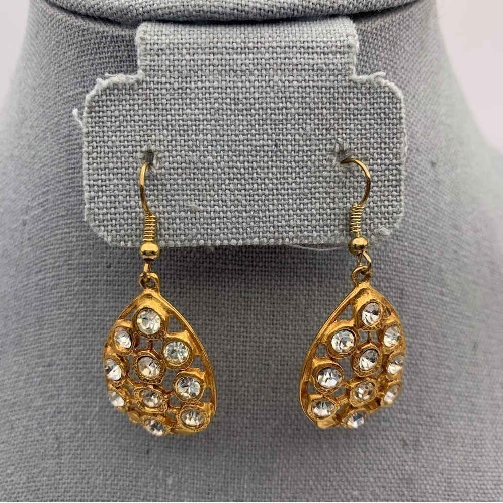 Rhinestone Sparkle Teardrop Gold Tone Dangle Earrings